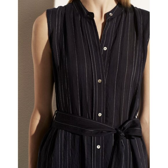 NWT Vince Drapey Stripe Shirt Dress Coastal Navy White Button Up Waist Tie Small - Picture 2 of 10